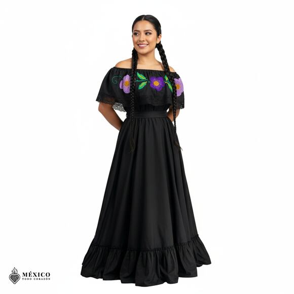 Traditional Mexican Embroidered Floral Dress Set – Handmade Two-Piece - Picture 6 of 7